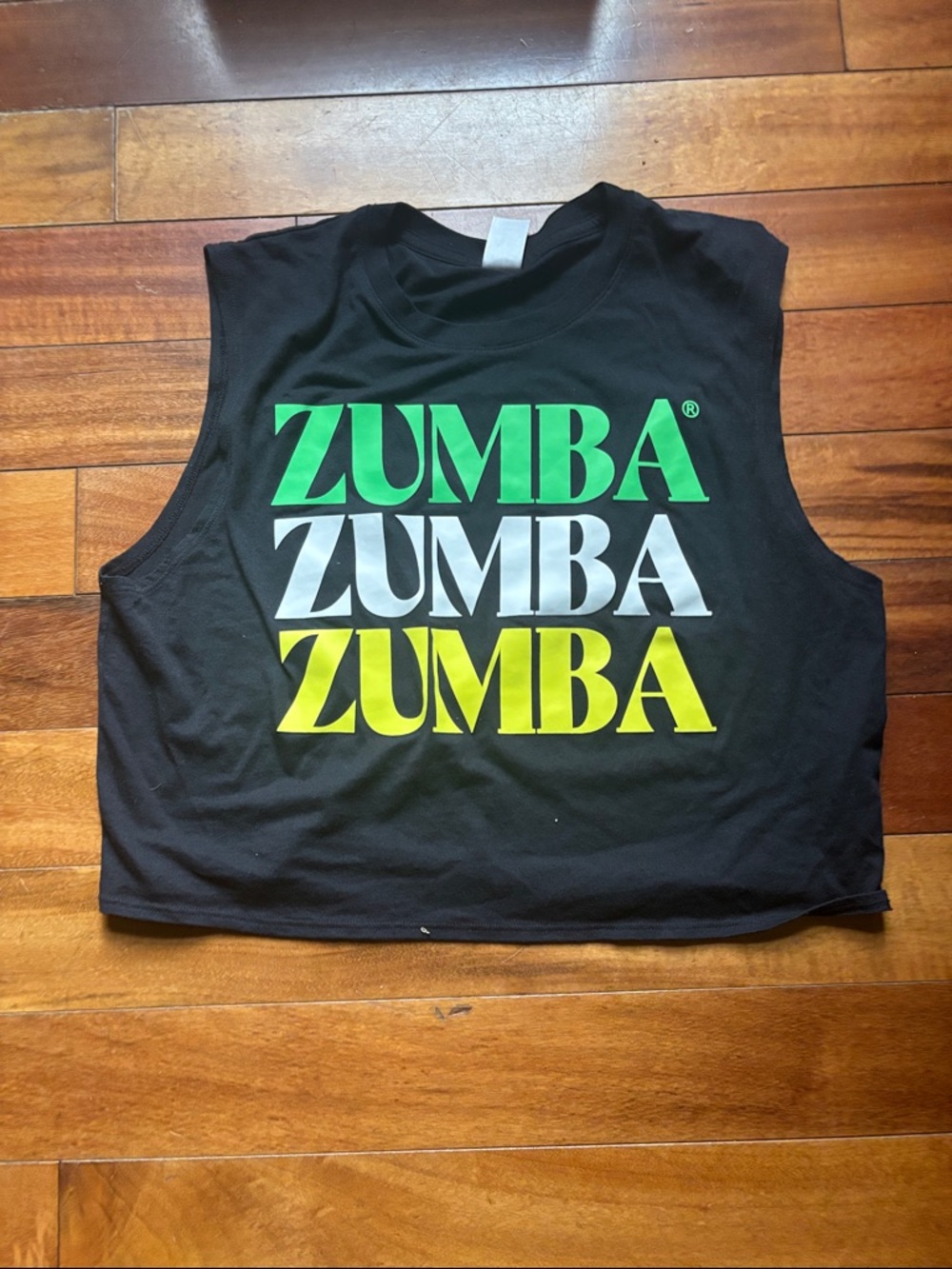 Zumba Fitness Black Crop Tank with Green, White, Yellow Graphic